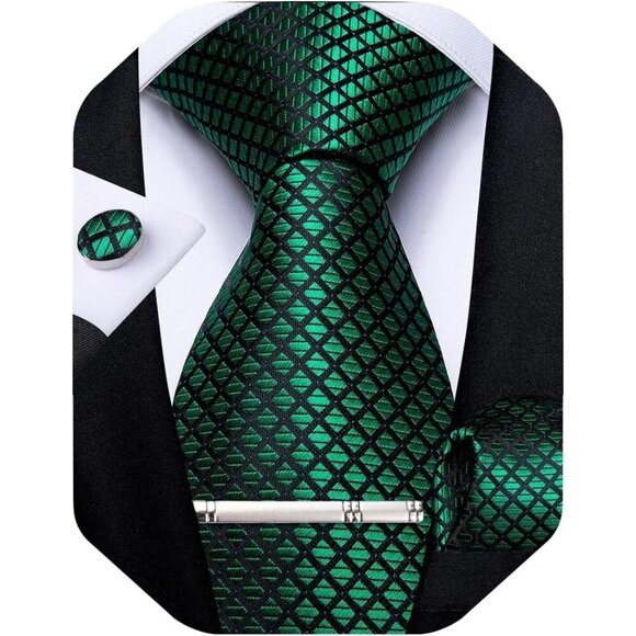 🆕Men Green Plaid Silk Checkered Necktie Pocket Square Cufflinks Tie Clip Set - Picture 1 of 6